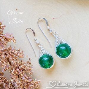Green Jade Ring Gemstone 925 Sterling Dangle Earrings